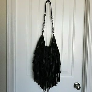 Lost and found black leather fringe hobo handbag